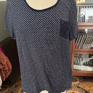Style & Co. Navy and White Striped Short Sleeve Tee with Crochet Pocket